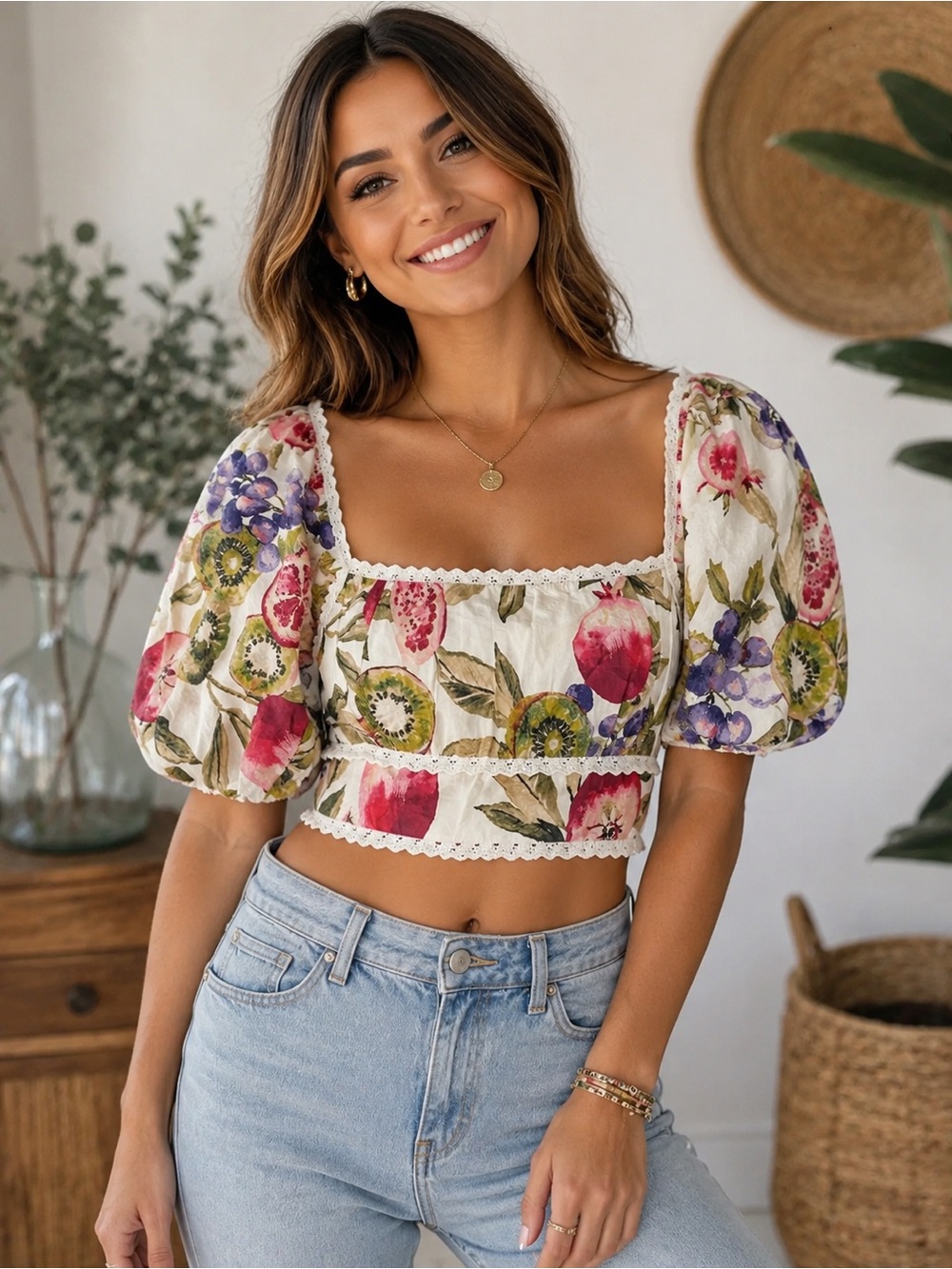 🌸 NWOT FORE Fruit Print Boho Crop Top | Puff Sleeves | Women’s 🌸